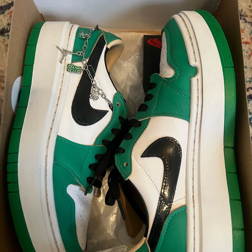 Green and White Nike Dunk Sneakers with Black Accents and Jordan Chain